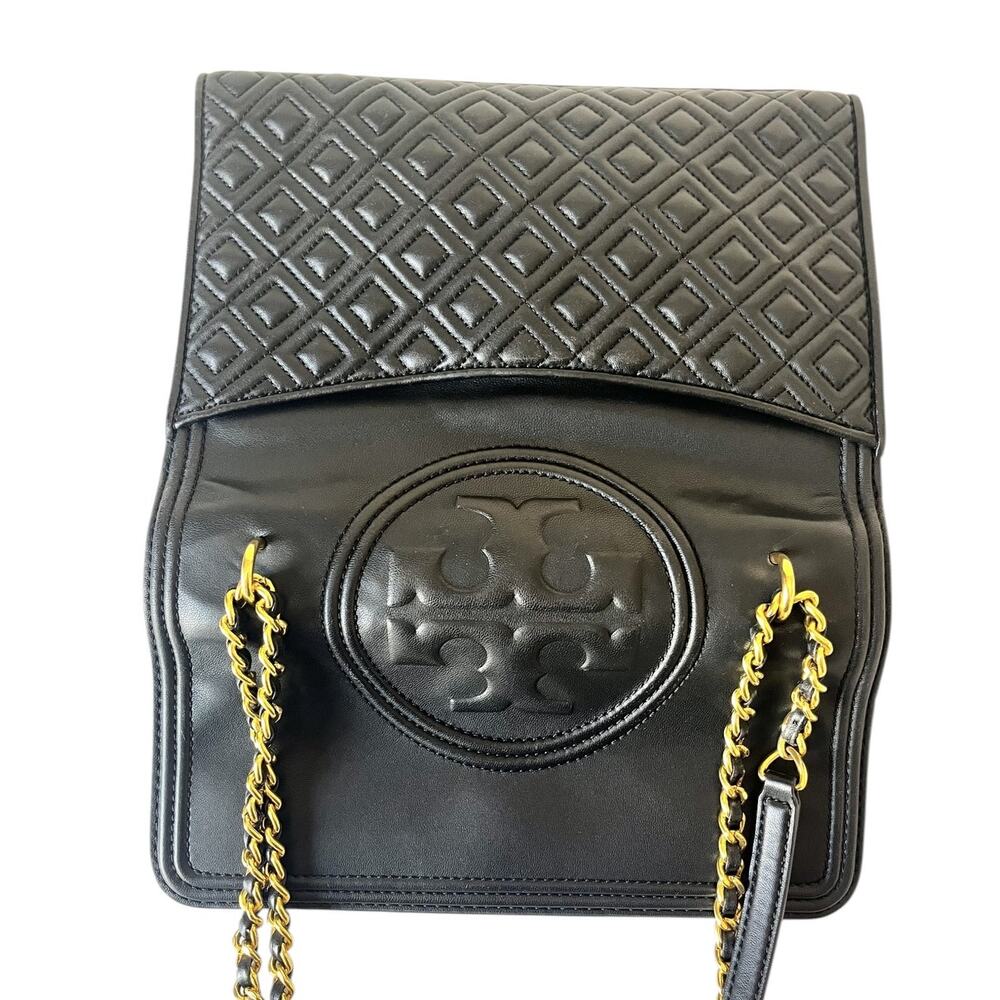 Tory Burch Fleming Quilted Leather Convertible Shoulder Bag Black Gold Tone - Picture 9 of 13
